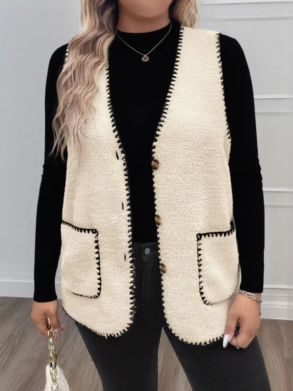 Plus Size Contrast Trim Button Up Vest Coat - ShalayeFashion