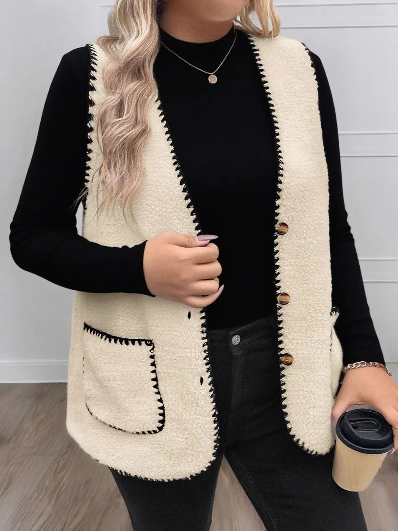 Plus Size Contrast Trim Button Up Vest Coat - ShalayeFashion