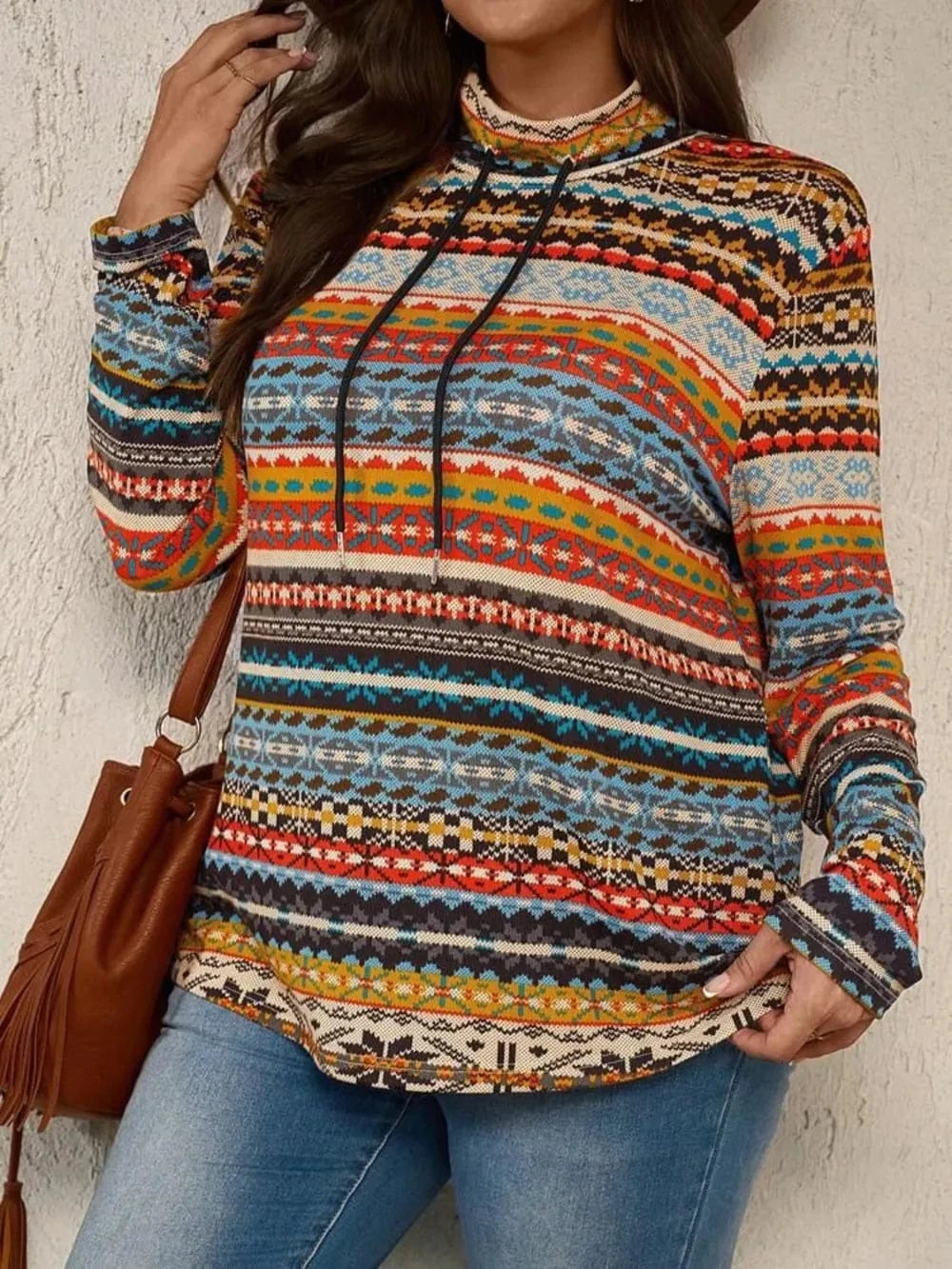 Plus Size Drawstring Printed Mock Neck Long Sleeve Top - ShalayeFashion