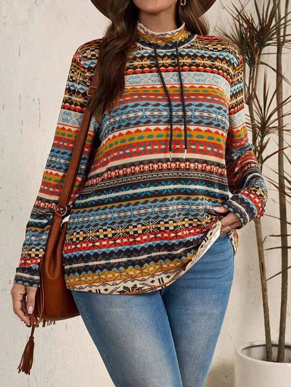 Plus Size Drawstring Printed Mock Neck Long Sleeve Top - ShalayeFashion