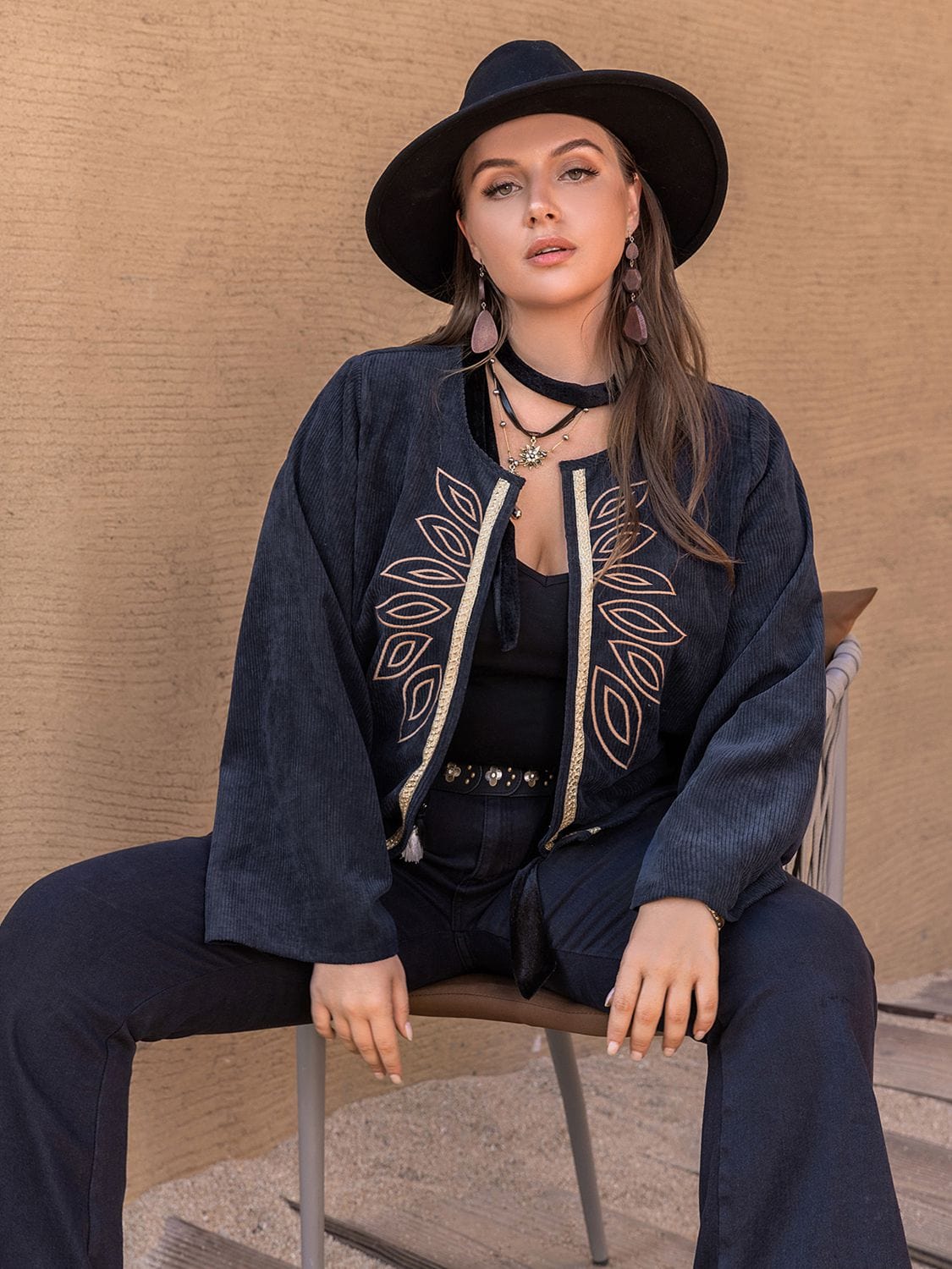 Plus Size Embroidered Open Front Jacket - ShalayeFashion