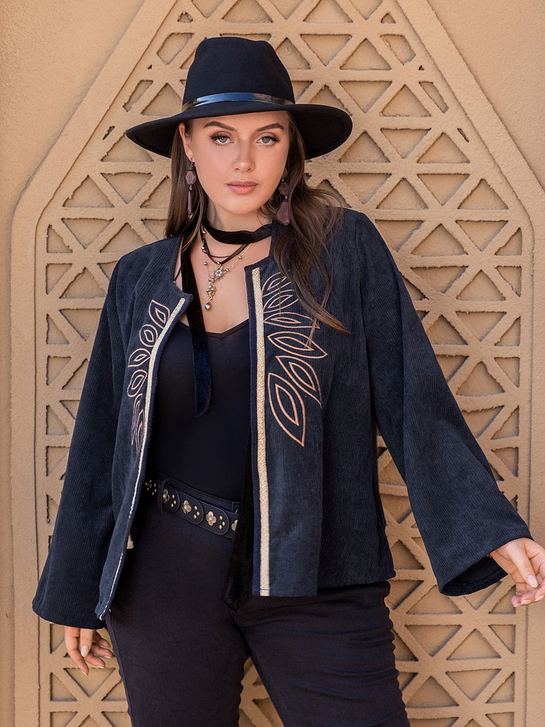 Plus Size Embroidered Open Front Jacket - ShalayeFashion