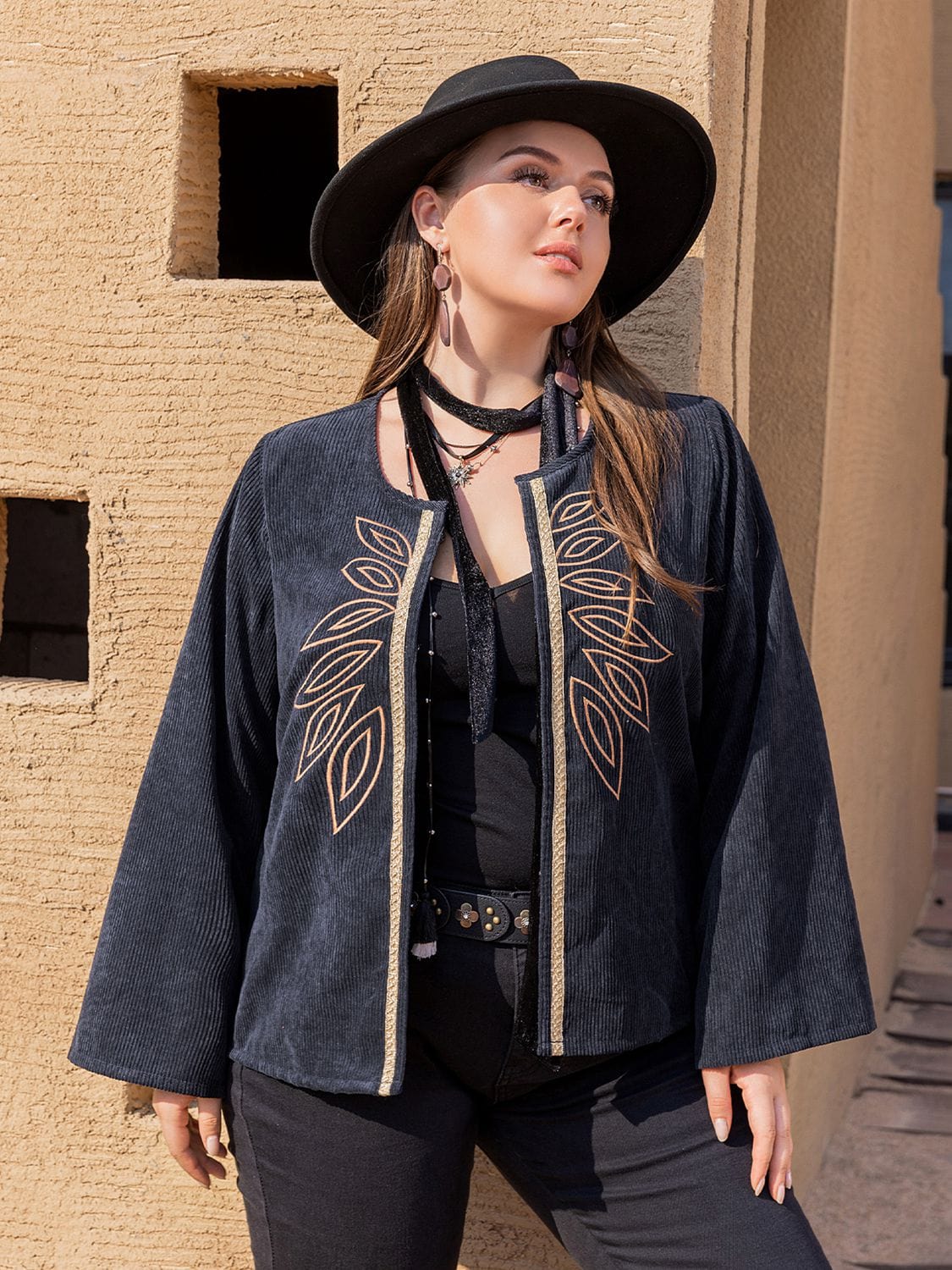 Plus Size Embroidered Open Front Jacket - ShalayeFashion