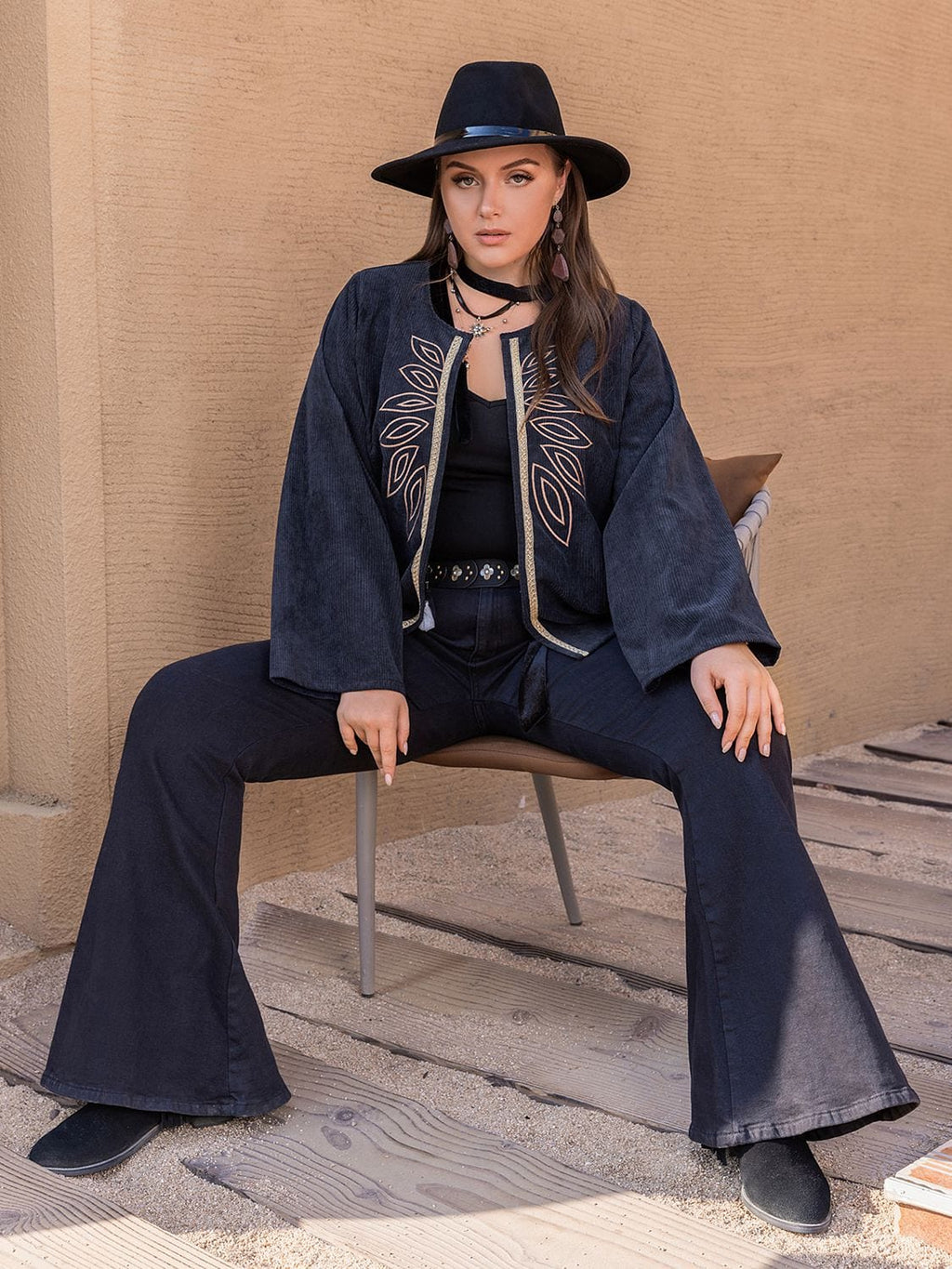 Plus Size Embroidered Open Front Jacket - ShalayeFashion