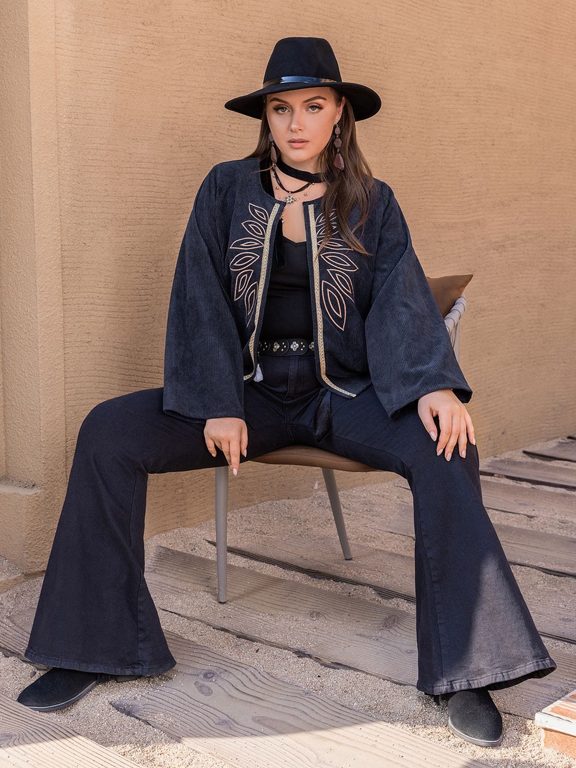 Plus Size Embroidered Open Front Jacket - ShalayeFashion