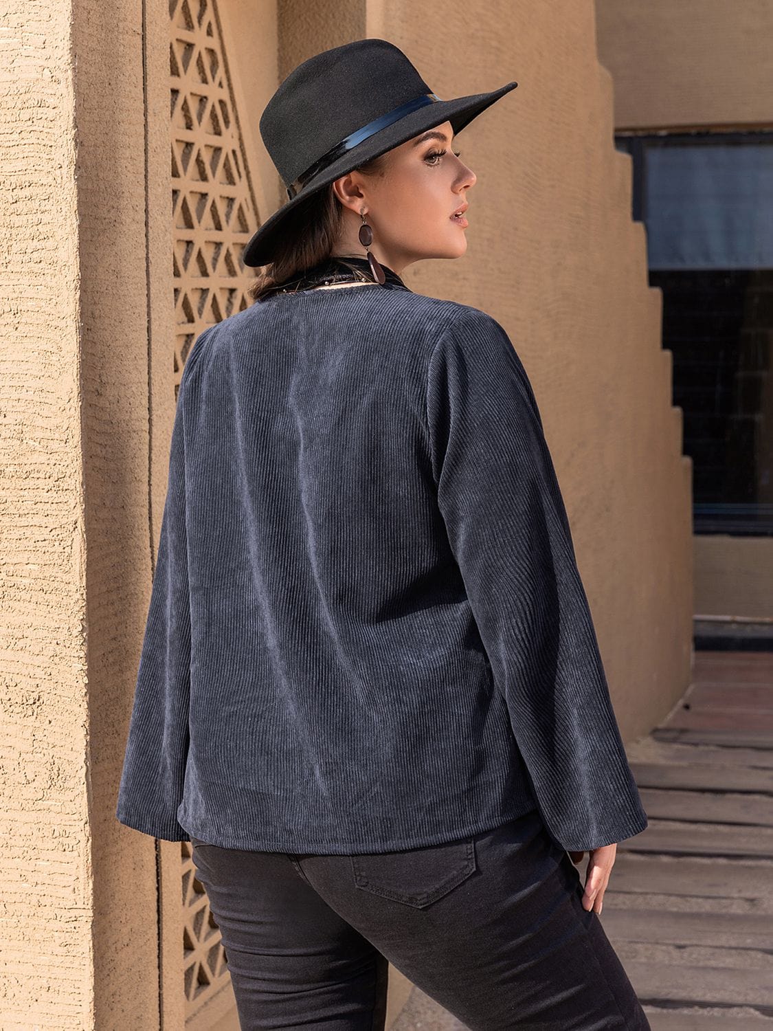 Plus Size Embroidered Open Front Jacket - ShalayeFashion