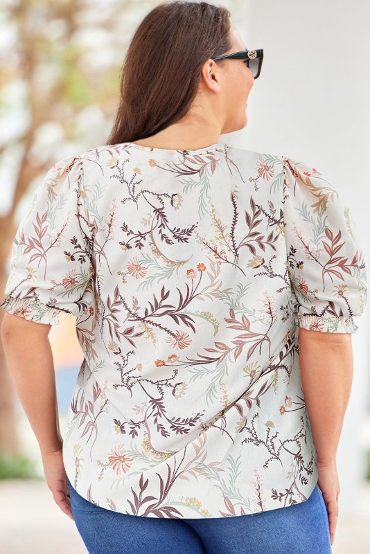 Plus Size Floral Fuff Sleeve Top - ShalayeFashion