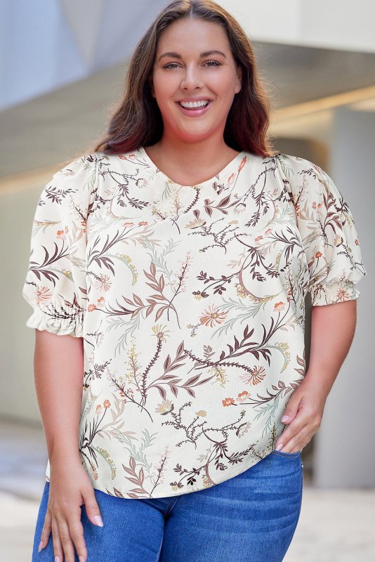 Plus Size Floral Fuff Sleeve Top - ShalayeFashion