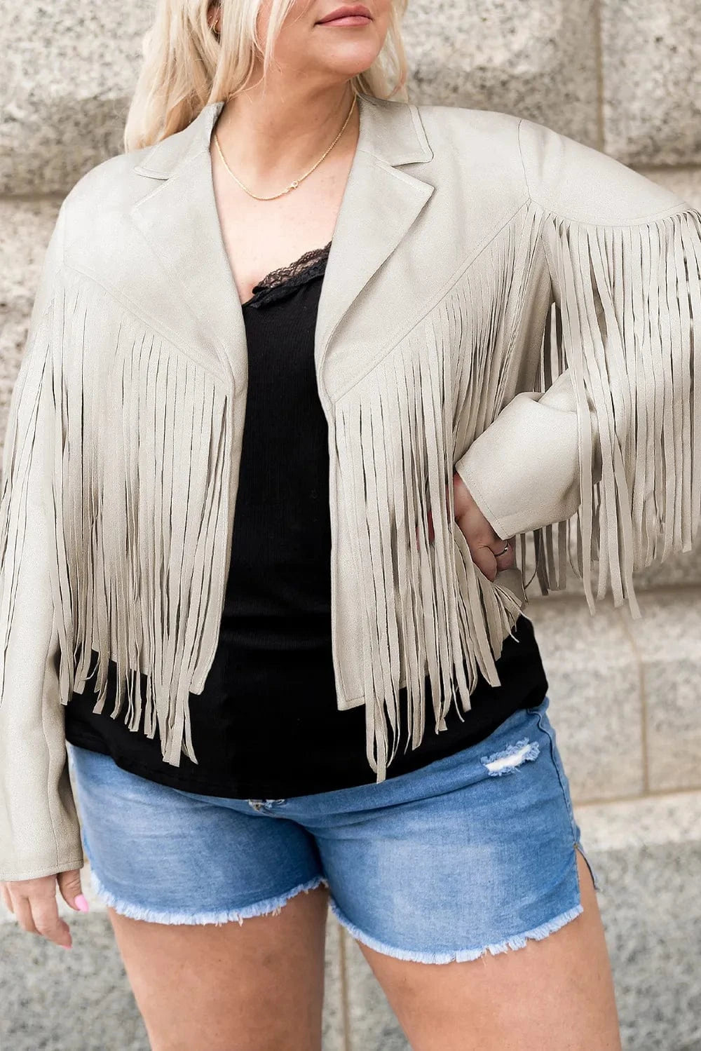 Plus Size Fringe Open Front Jacket - ShalayeFashion