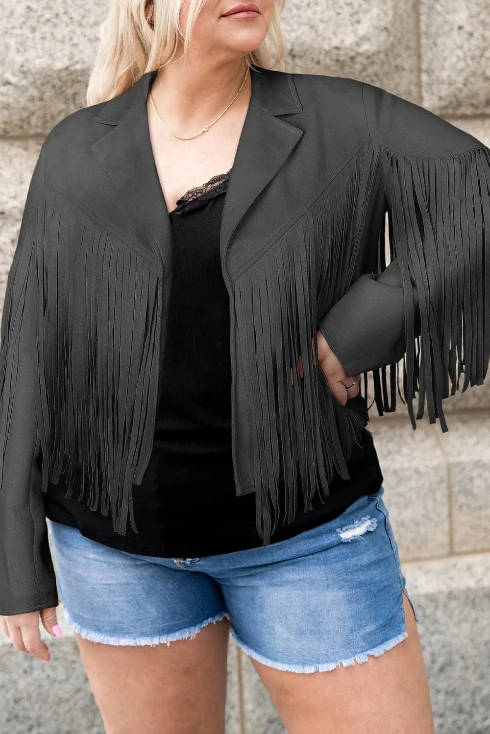 Plus Size Fringe Open Front Jacket - ShalayeFashion