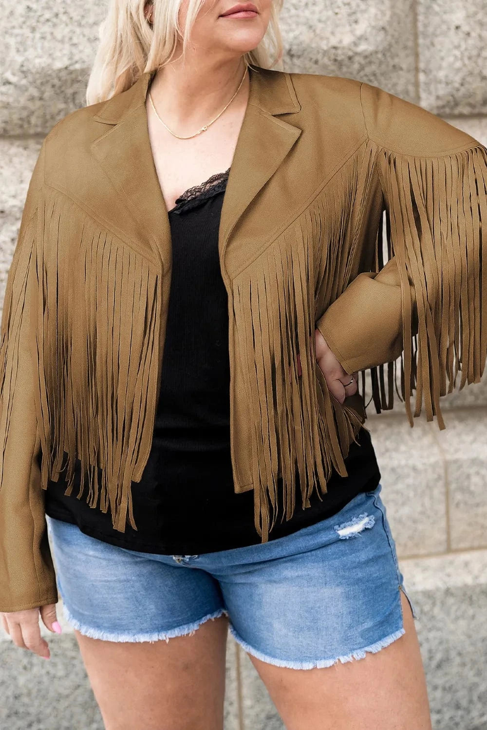 Plus Size Fringe Open Front Jacket - ShalayeFashion