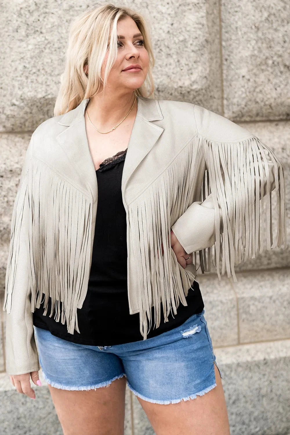 Plus Size Fringe Open Front Jacket - ShalayeFashion