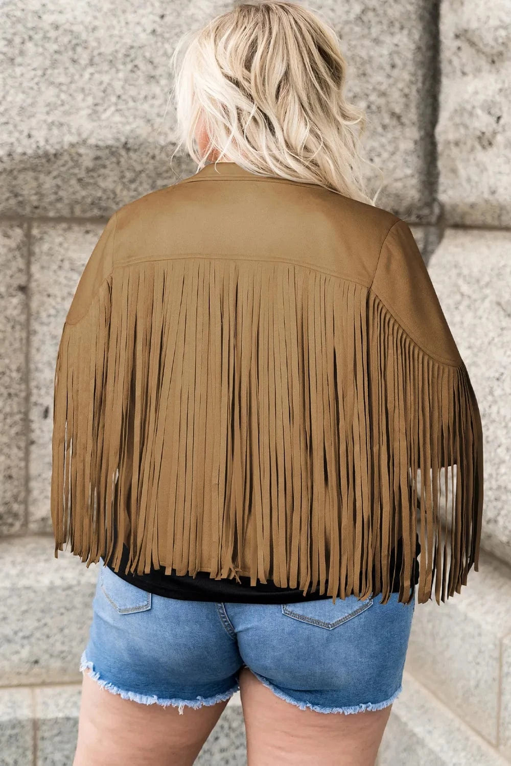 Plus Size Fringe Open Front Jacket - ShalayeFashion