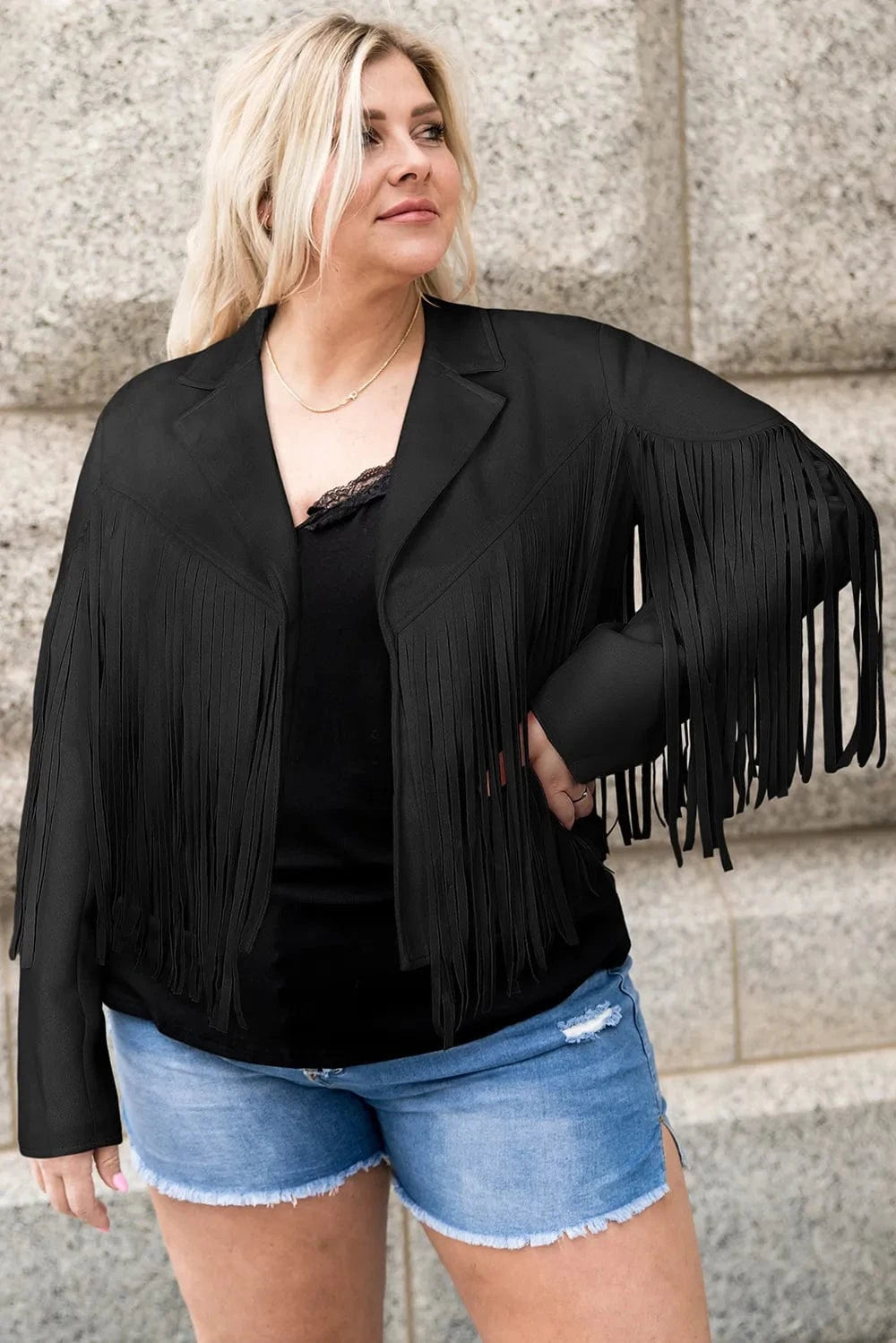 Plus Size Fringe Open Front Jacket - ShalayeFashion