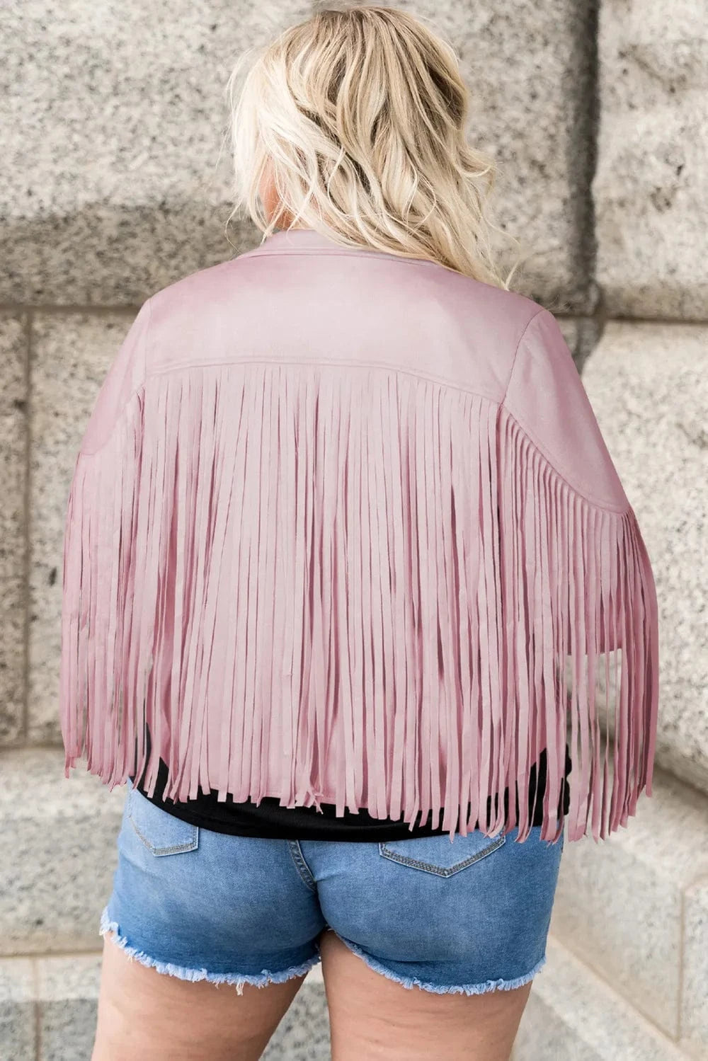 Plus Size Fringe Open Front Jacket - ShalayeFashion