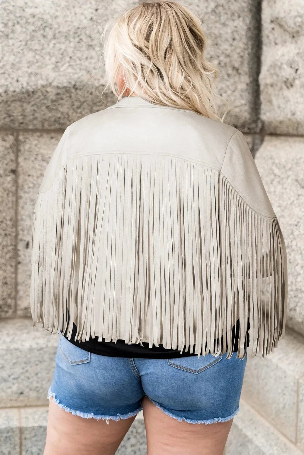 Plus Size Fringe Open Front Jacket - ShalayeFashion