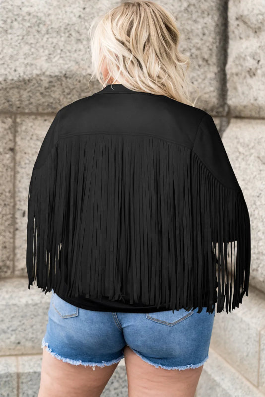 Plus Size Fringe Open Front Jacket - ShalayeFashion