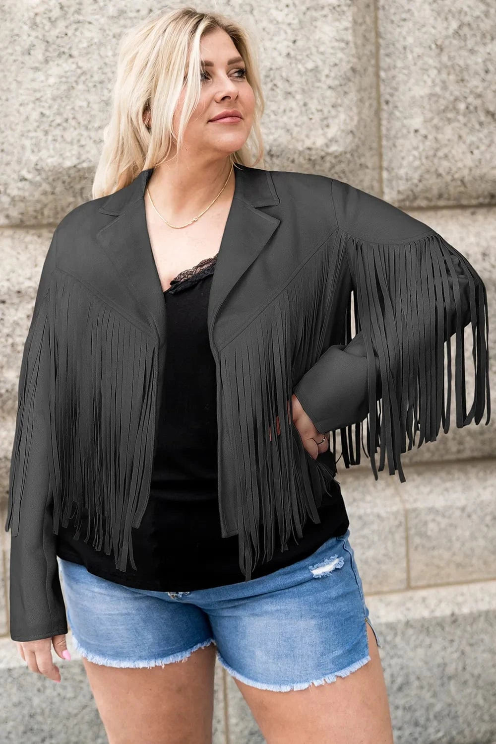 Plus Size Fringe Open Front Jacket - ShalayeFashion