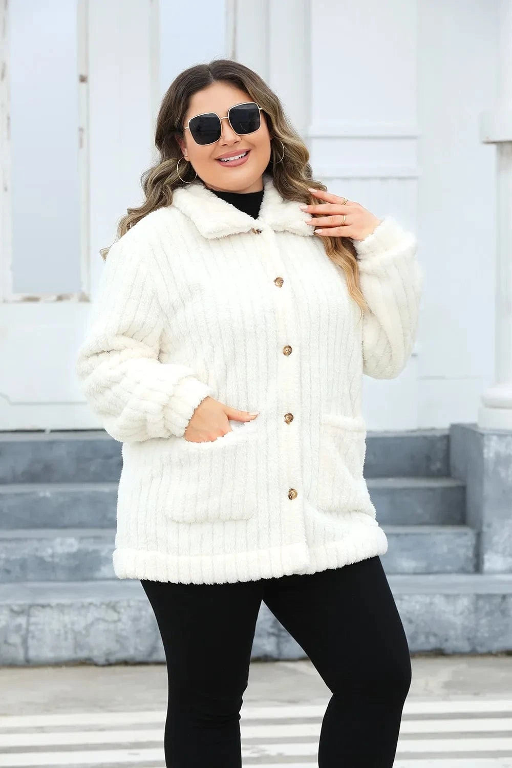 Plus Size Fuzzy Collared Neck Long Sleeve Jacket - ShalayeFashion