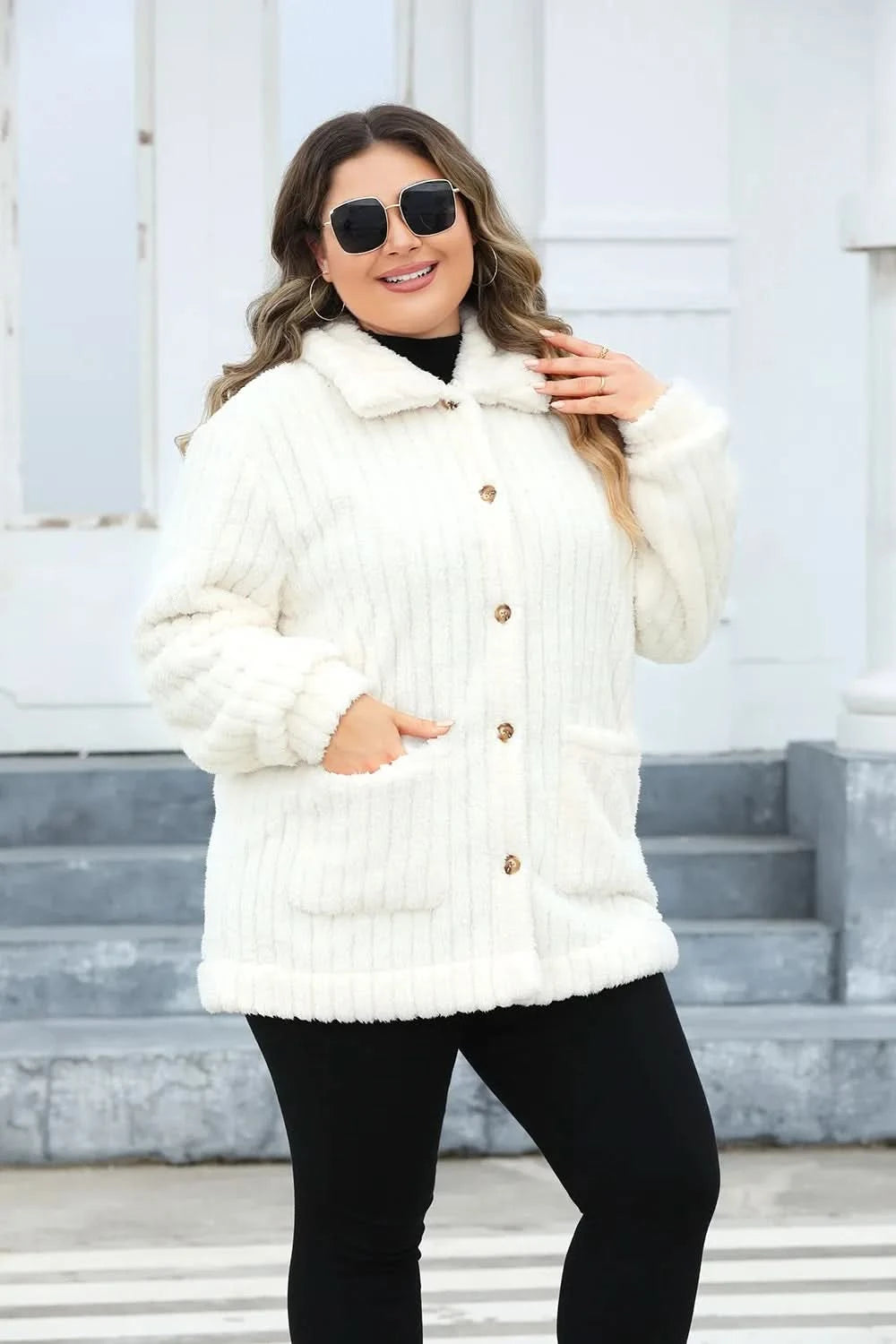 Plus Size Fuzzy Collared Neck Long Sleeve Jacket - ShalayeFashion