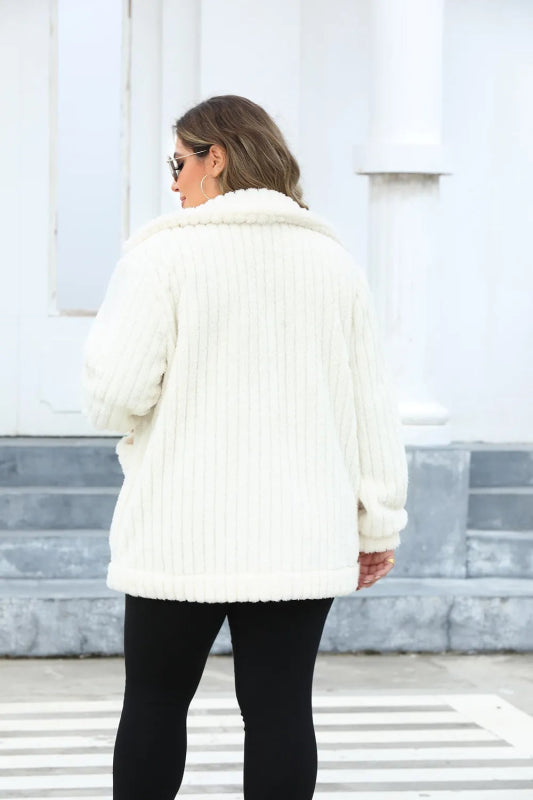 Plus Size Fuzzy Collared Neck Long Sleeve Jacket - ShalayeFashion