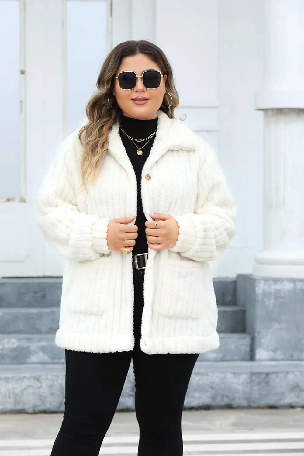 Plus Size Fuzzy Collared Neck Long Sleeve Jacket - ShalayeFashion