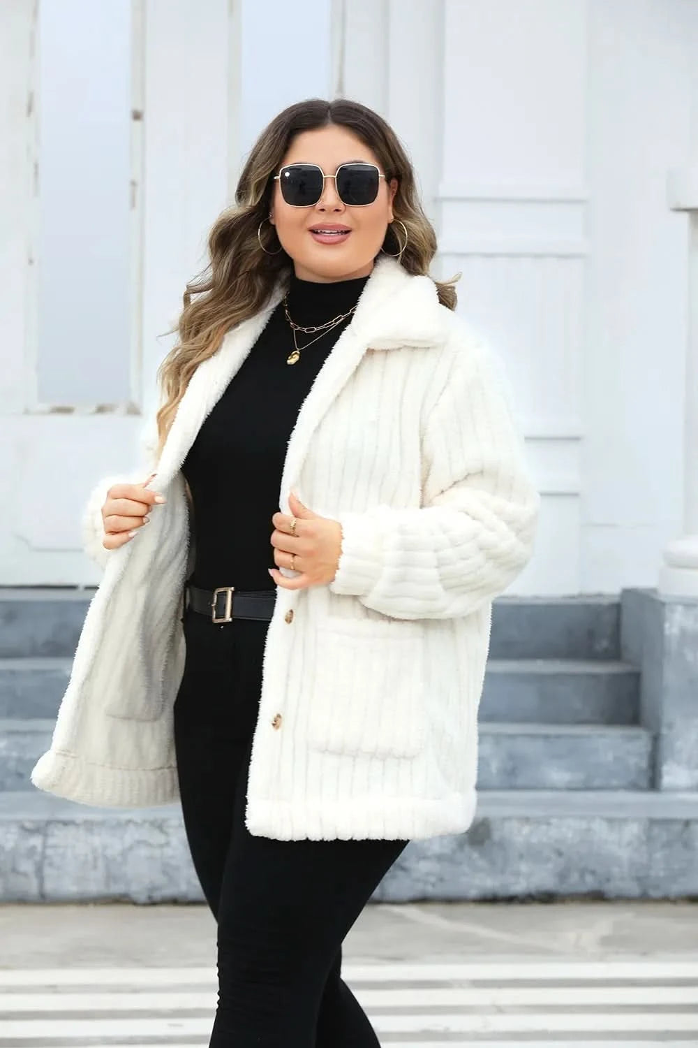 Plus Size Fuzzy Collared Neck Long Sleeve Jacket - ShalayeFashion