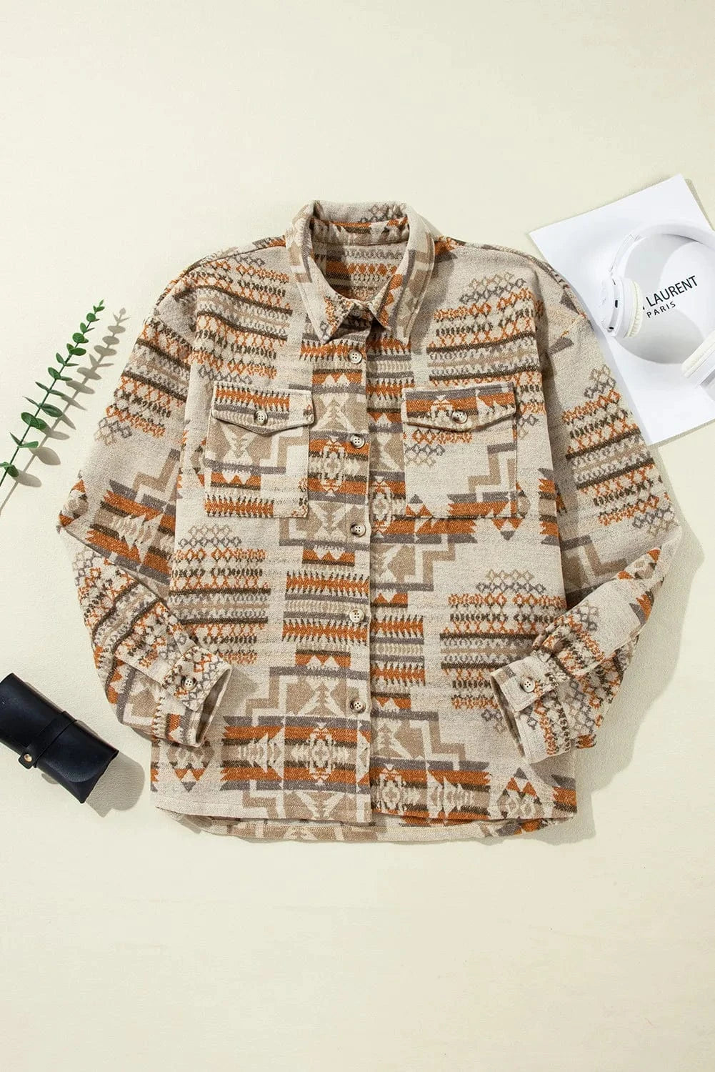 Plus Size Geometric Collared Neck Long Sleeve Jacket - ShalayeFashion