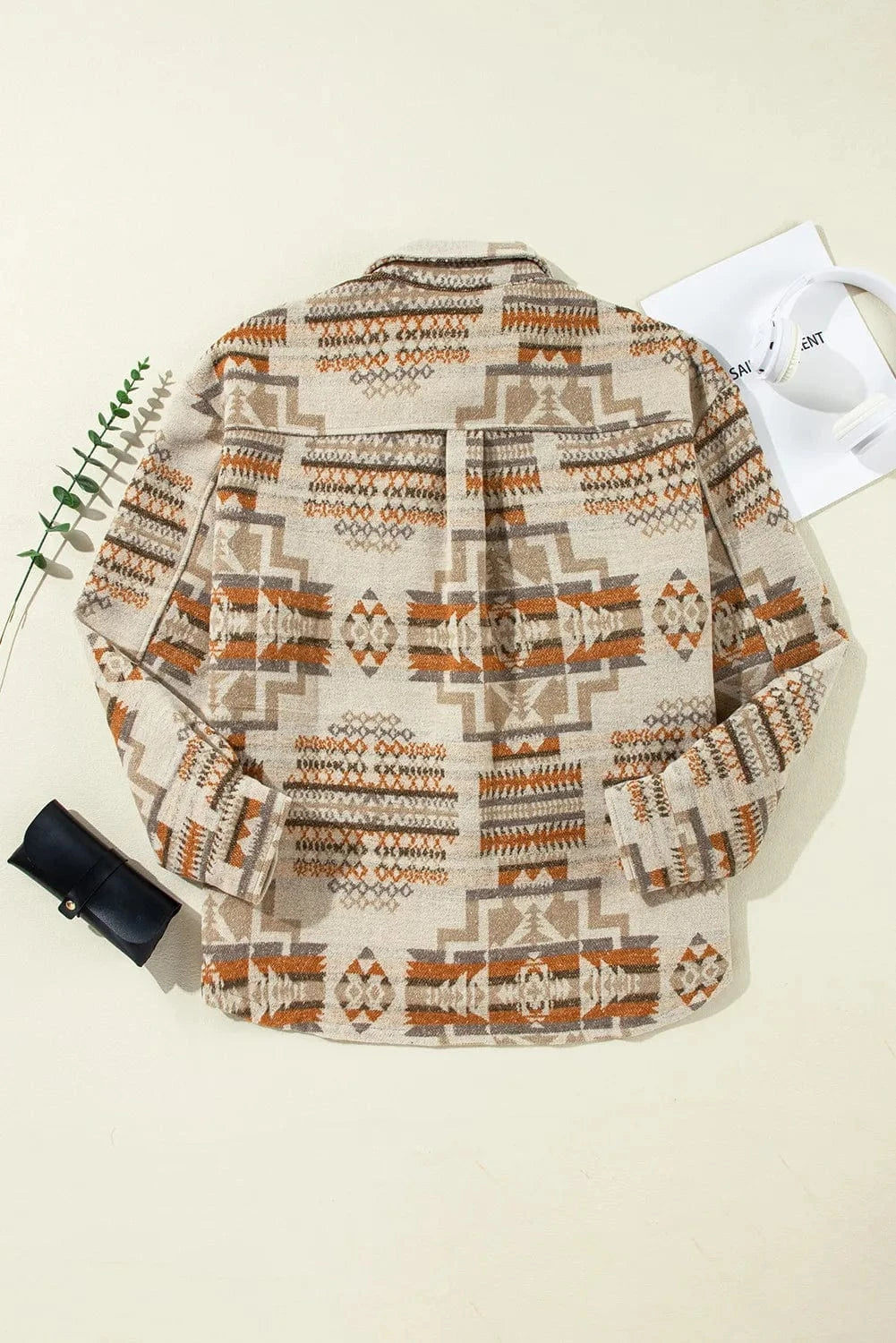 Plus Size Geometric Collared Neck Long Sleeve Jacket - ShalayeFashion