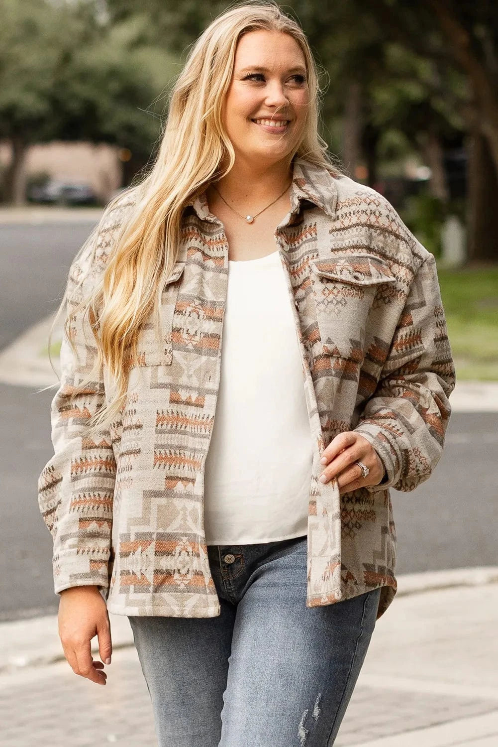 Plus Size Geometric Collared Neck Long Sleeve Jacket - ShalayeFashion
