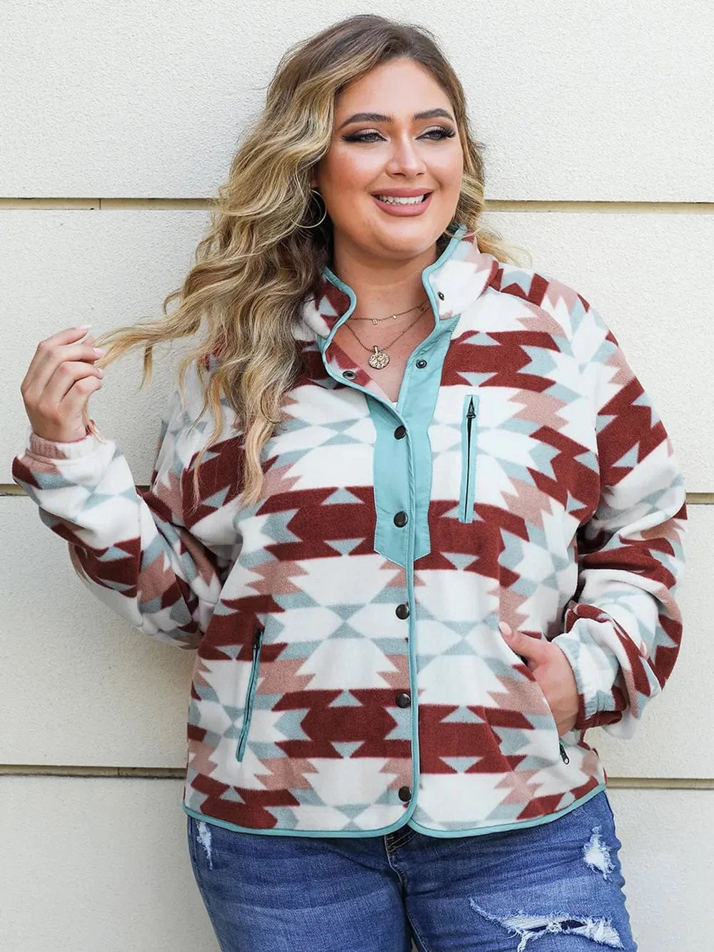 Plus Size Geometric Snap Down Long Sleeve Jacket - ShalayeFashion