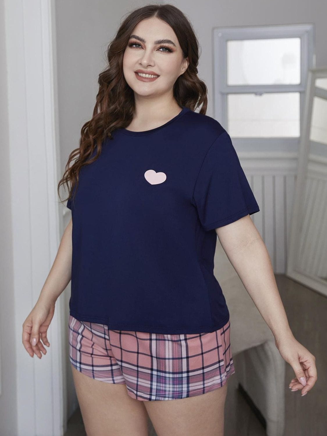 Plus Size Heart Graphic Top and Plaid Shorts Loungewear Set - ShalayeFashion