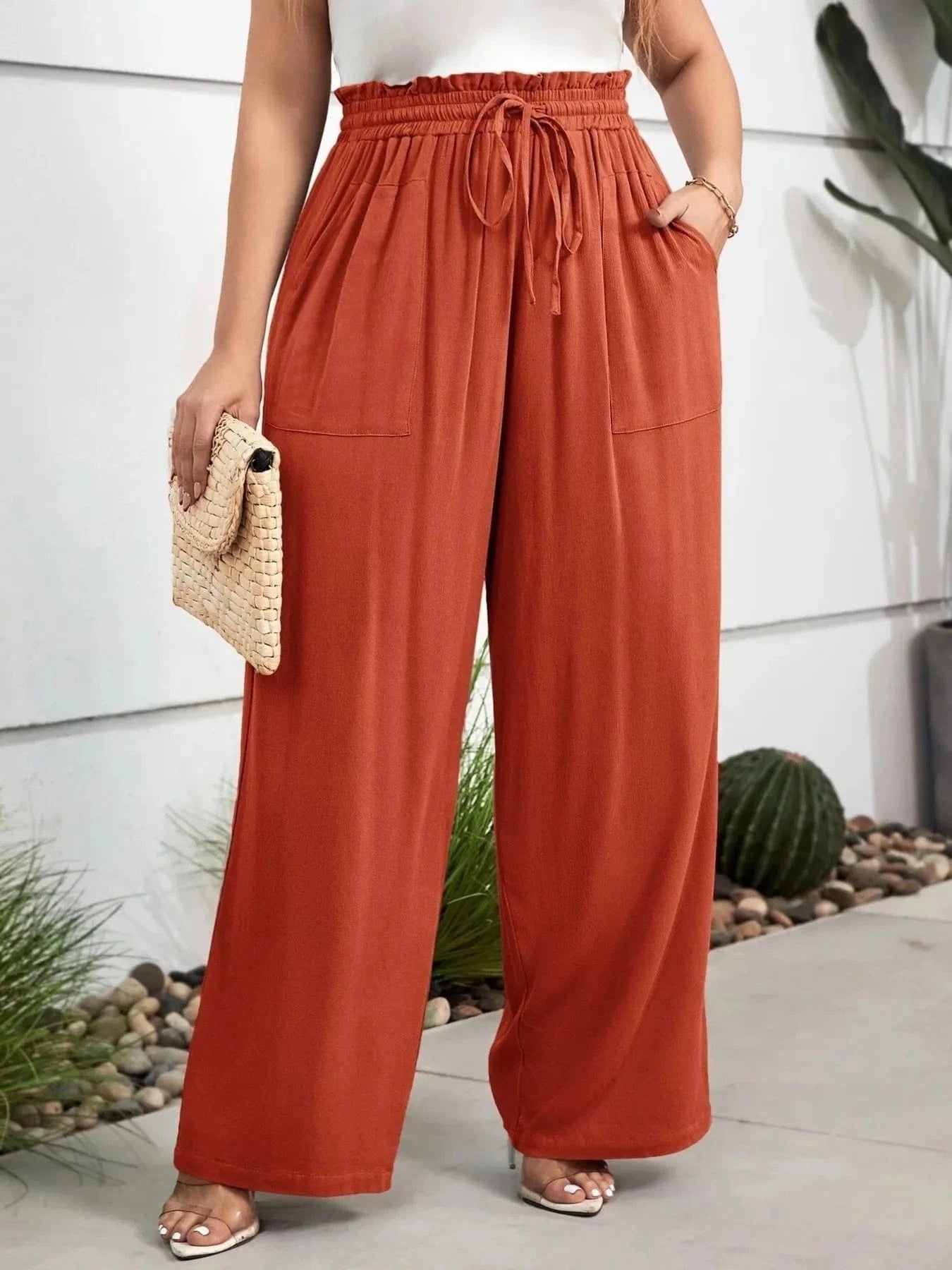 Plus Size High Waist Wide Leg Drawstring Pants - ShalayeFashion