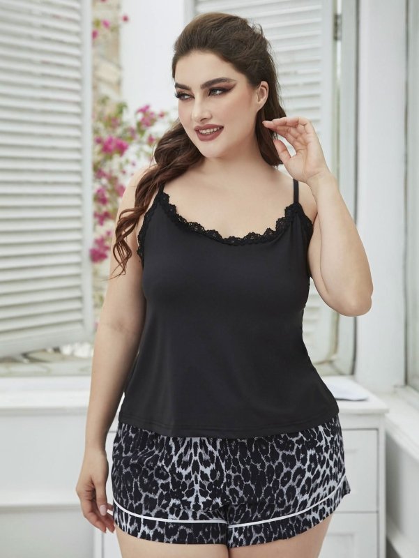 Plus Size Lace Cami & Shorts Pajama Set - ShalayeFashion