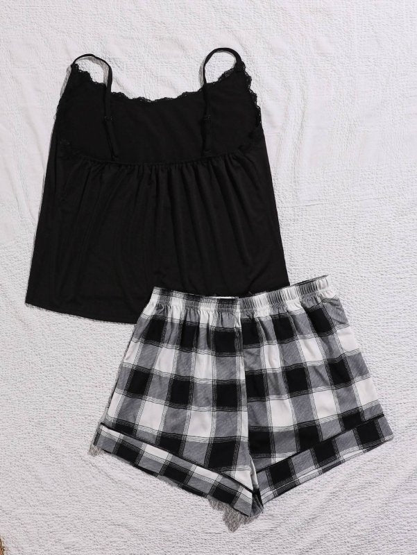 Plus Size Lace Cami & Shorts Pajama Set - ShalayeFashion