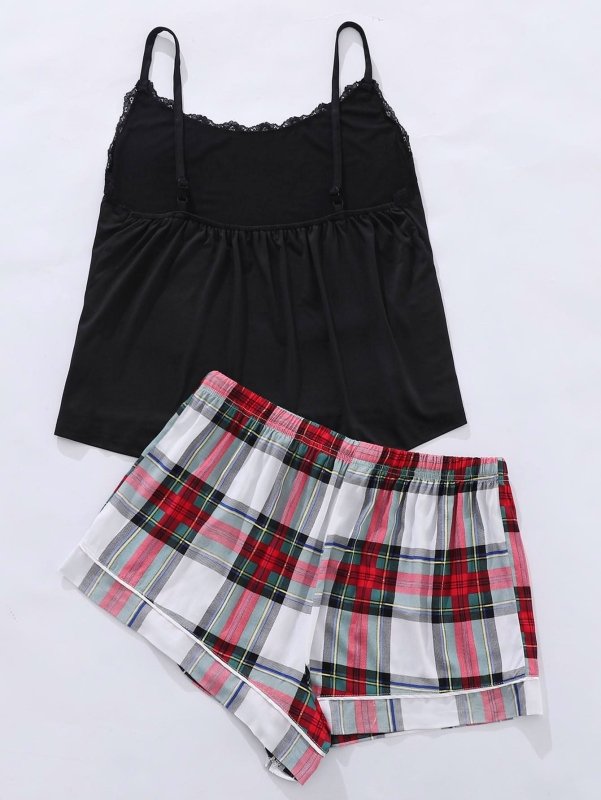 Plus Size Lace Cami & Shorts Pajama Set - ShalayeFashion