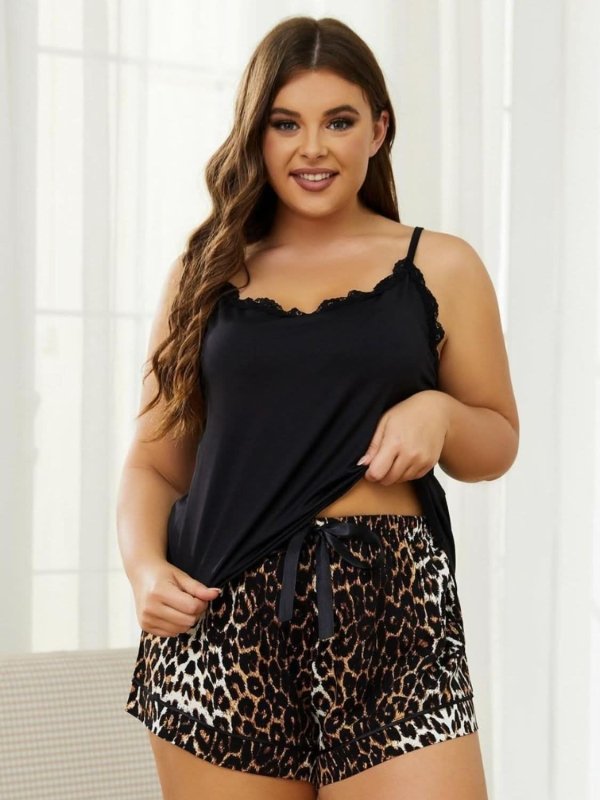 Plus Size Lace Cami & Shorts Pajama Set - ShalayeFashion