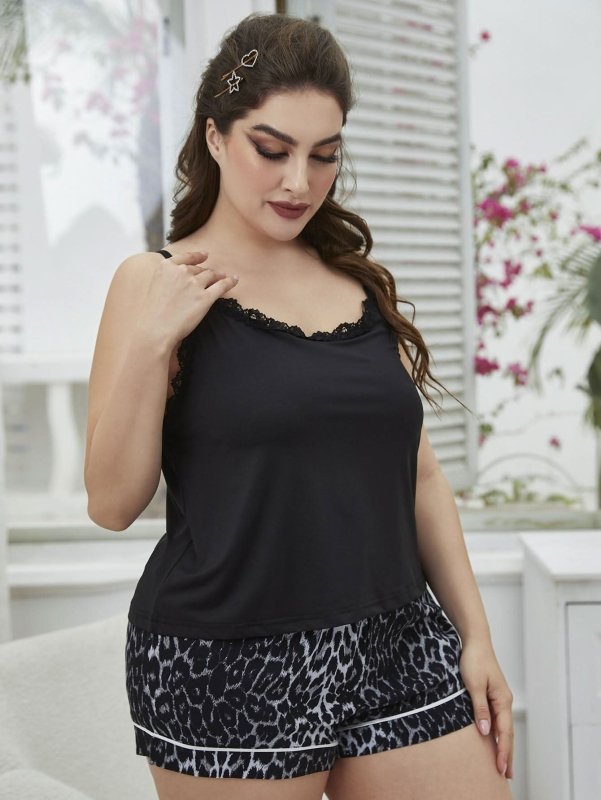 Plus Size Lace Cami & Shorts Pajama Set - ShalayeFashion