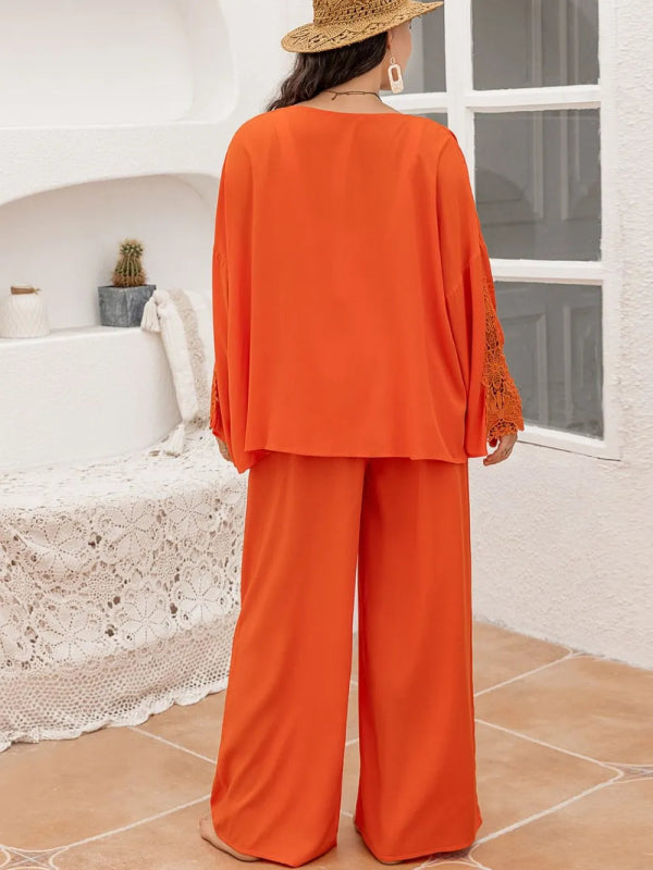 Plus Size Lace Detail Long Sleeve Top and Pants Set - ShalayeFashion