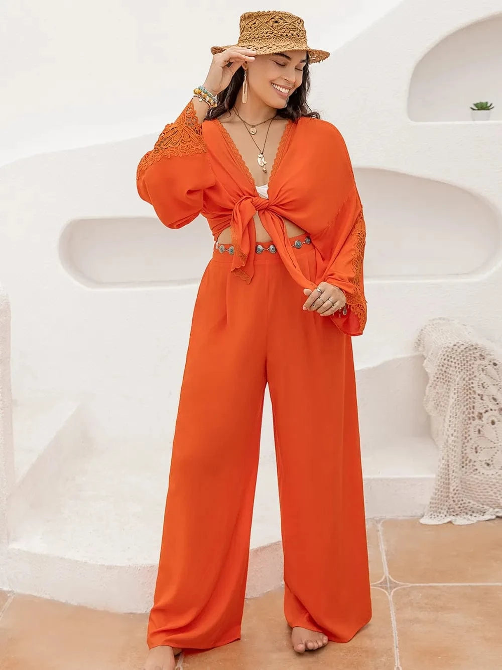 Plus Size Lace Detail Long Sleeve Top and Pants Set - ShalayeFashion
