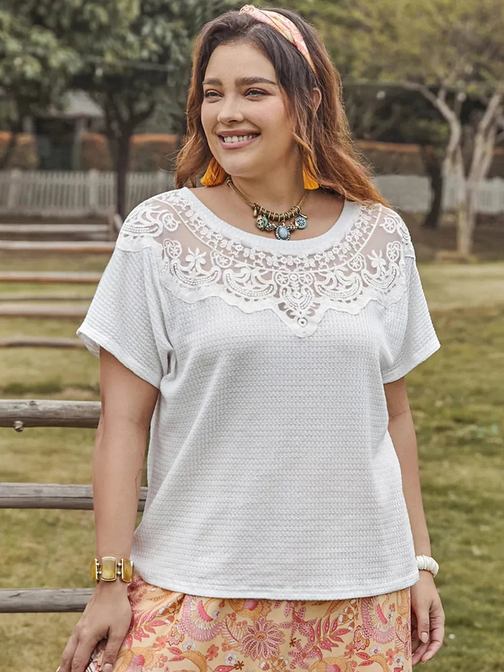 Plus Size Lace Detail Round Neck Short Sleeve Top - ShalayeFashion