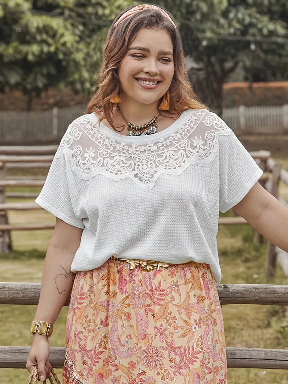 Plus Size Lace Detail Round Neck Short Sleeve Top - ShalayeFashion