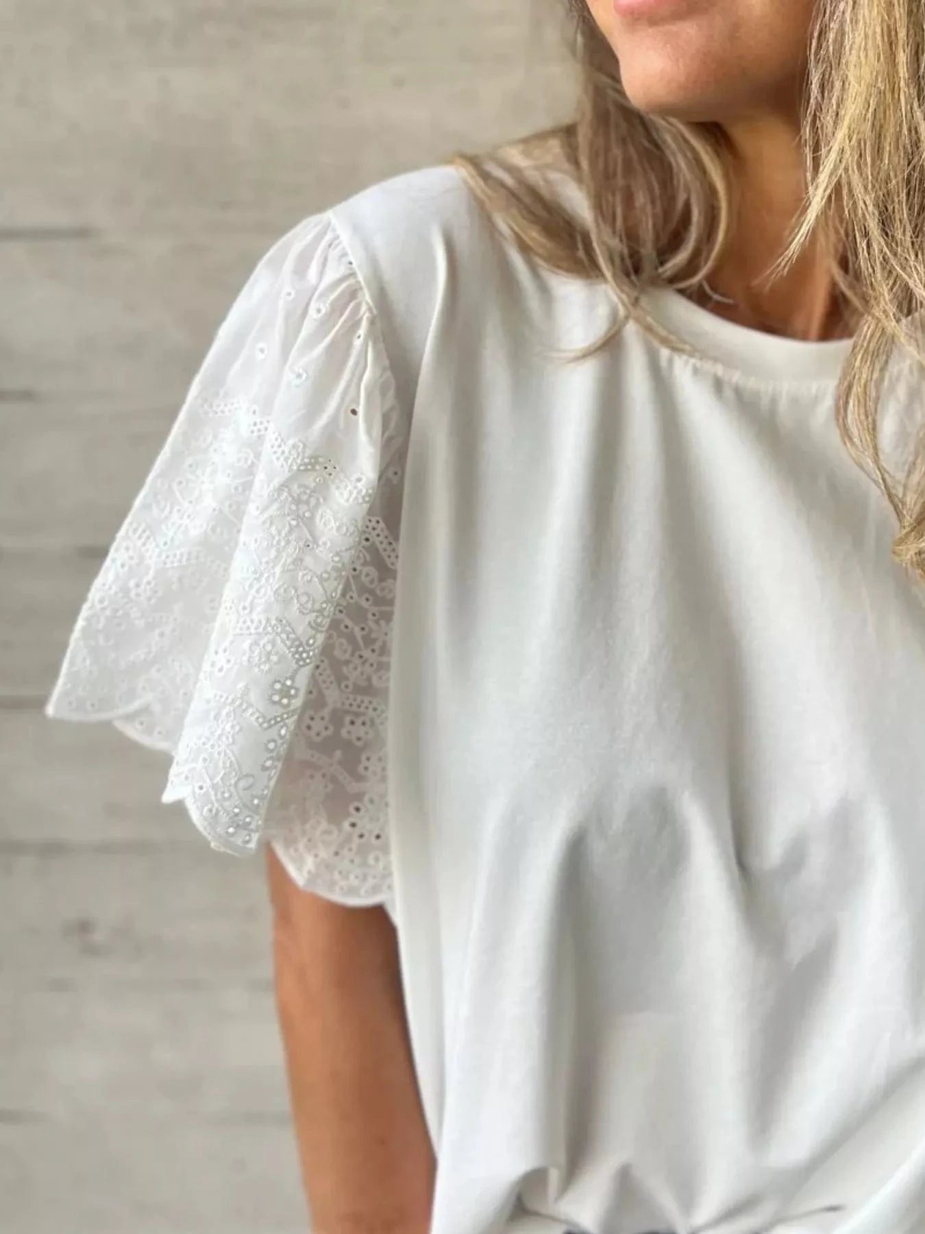 Plus Size Lace Detail Round Neck T-Shirt - ShalayeFashion