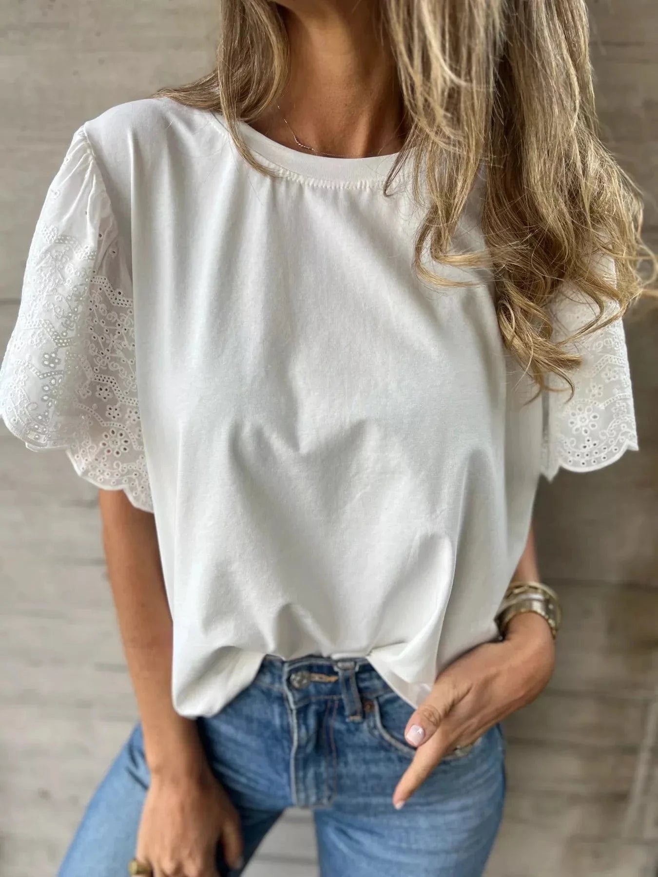 Plus Size Lace Detail Round Neck T-Shirt - ShalayeFashion