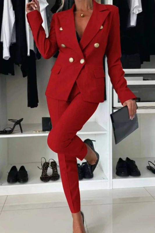 Plus Size Lapel Blazer & Pants Set – Full Size - ShalayeFashion