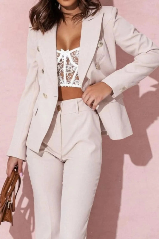 Plus Size Lapel Blazer & Pants Set – Full Size - ShalayeFashion