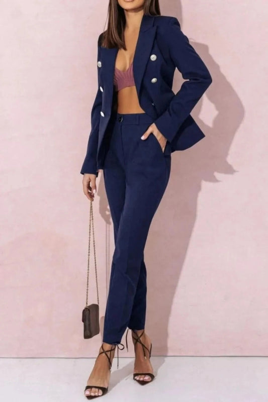 Plus Size Lapel Blazer & Pants Set – Full Size - ShalayeFashion