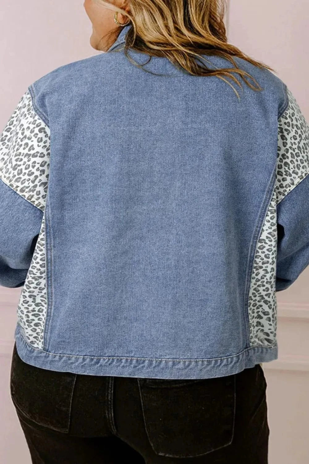Plus Size Leopard Long Sleeve Denim Jacket - ShalayeFashion