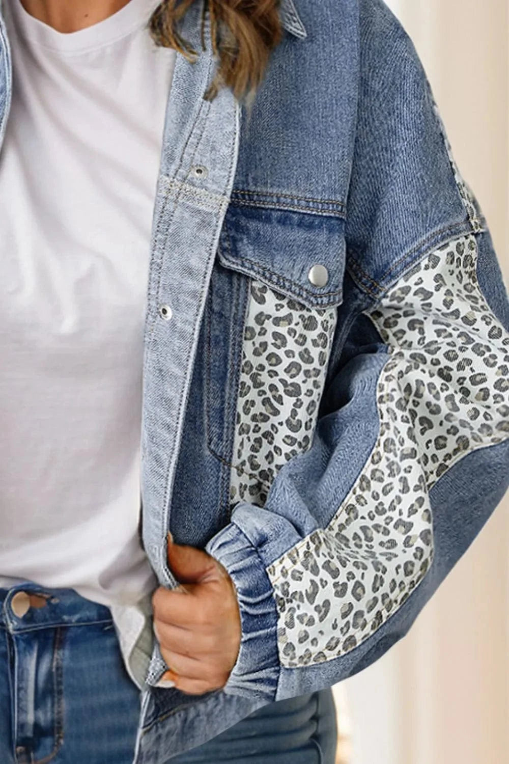 Plus Size Leopard Long Sleeve Denim Jacket - ShalayeFashion