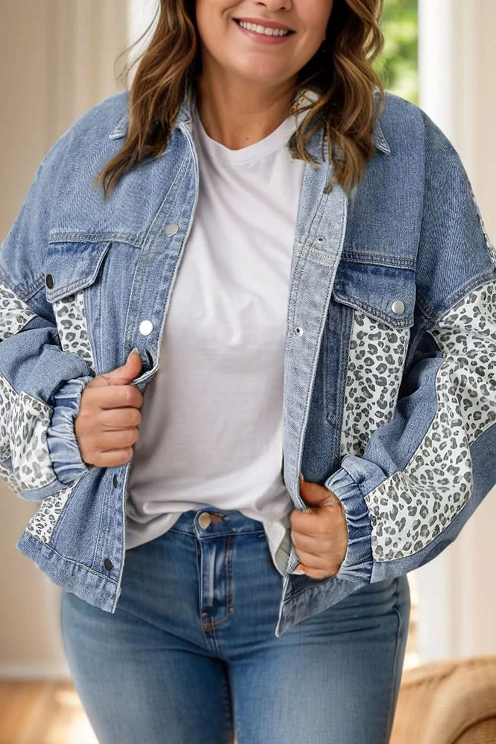 Plus Size Leopard Long Sleeve Denim Jacket - ShalayeFashion